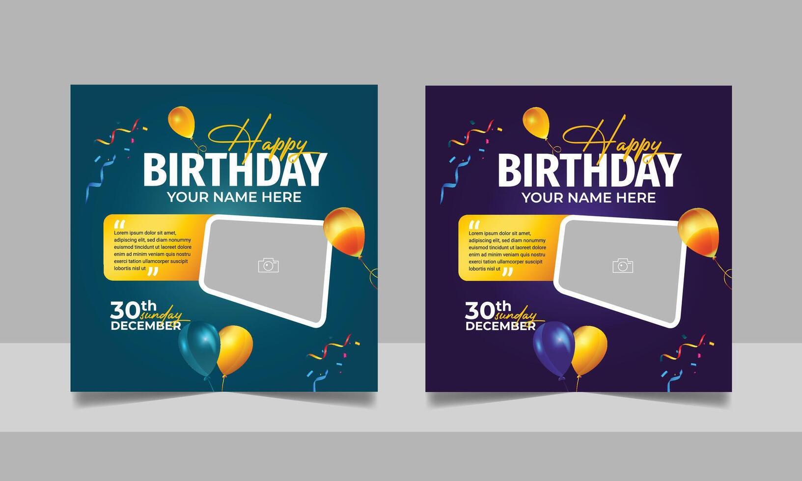 Birthday wishes social media post template, party invitation or greeting card, happy wedding anniversary celebration event square banner poster design set vector