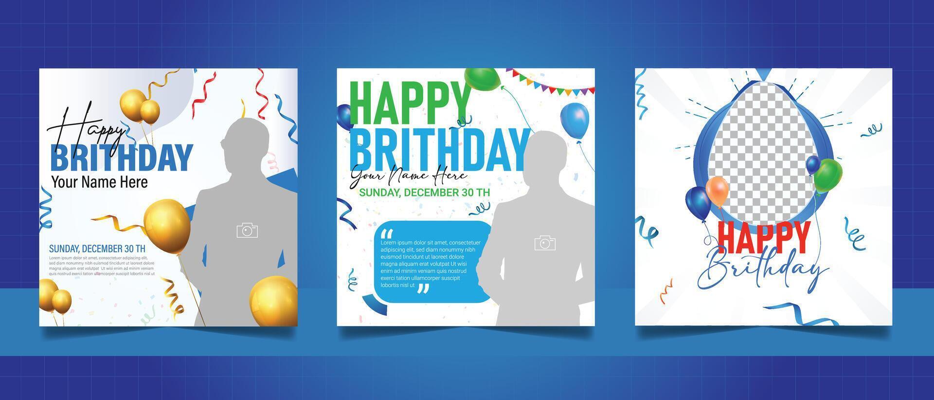 Birthday wishes social media post template, party invitation or greeting card, happy wedding anniversary celebration event square banner poster design set vector