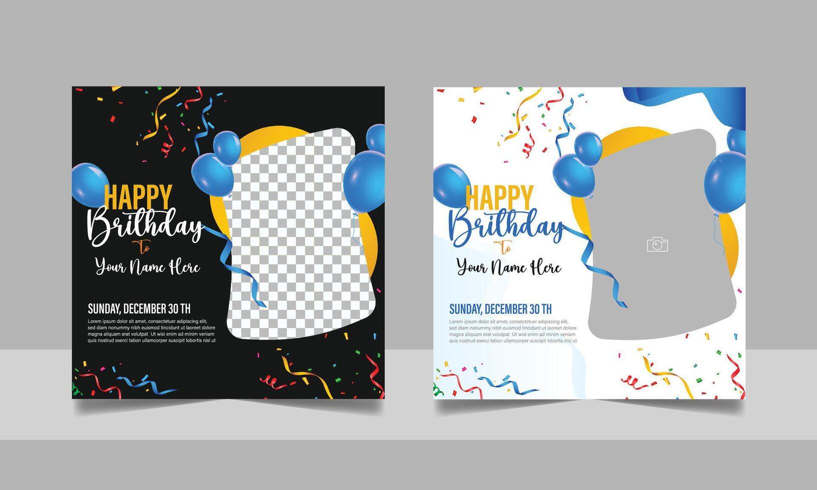 Birthday wishes social media post template, party invitation or greeting card, happy wedding anniversary celebration event square banner poster design set vector
