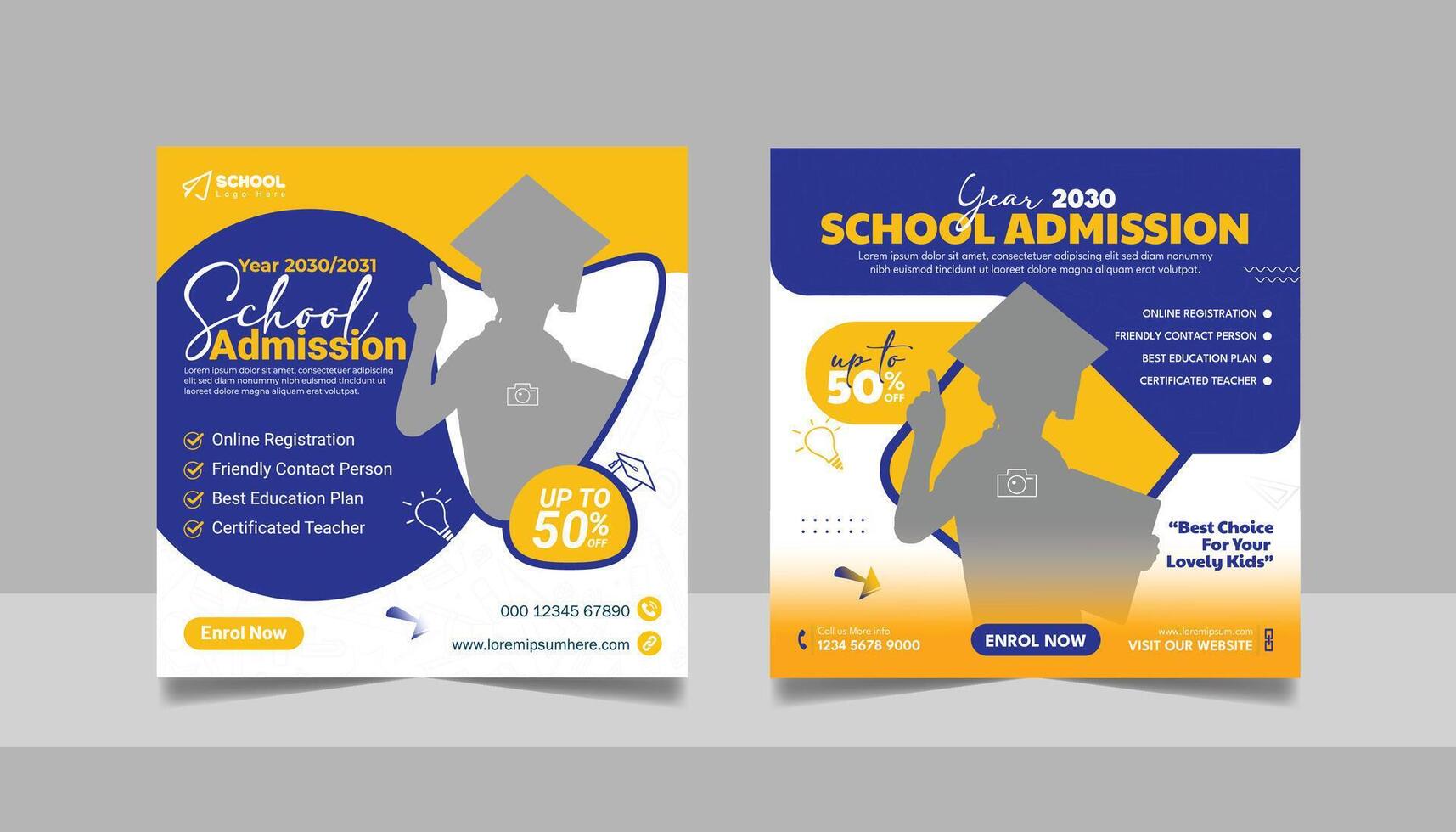 Kids admission social media post and back to school web banner higher education square flyer study abroad poster template vector