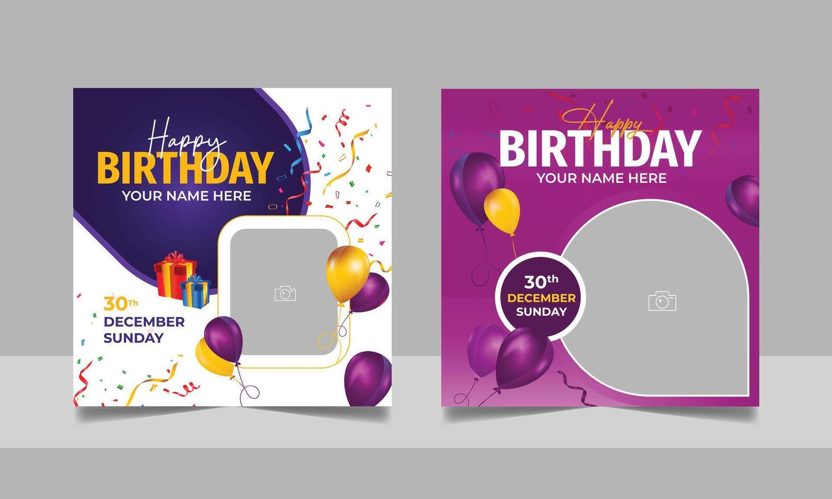 Birthday wishes social media post template, party invitation or greeting card, happy wedding anniversary celebration event square banner poster design set vector