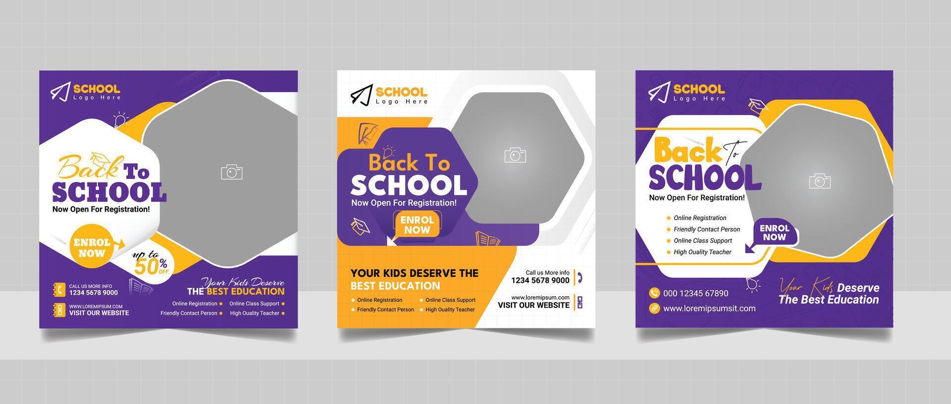 Kids admission social media post and back to school web banner higher education square flyer study abroad poster template vector