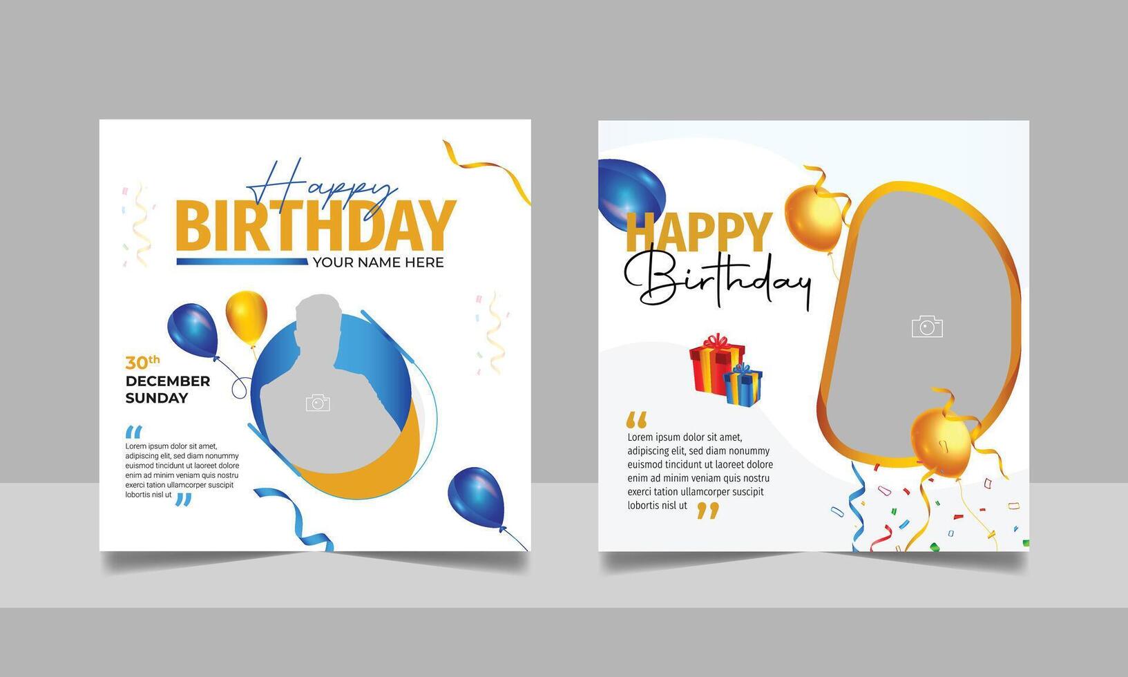 Birthday wishes social media post template, party invitation or greeting card, happy wedding anniversary celebration event square banner poster design set vector
