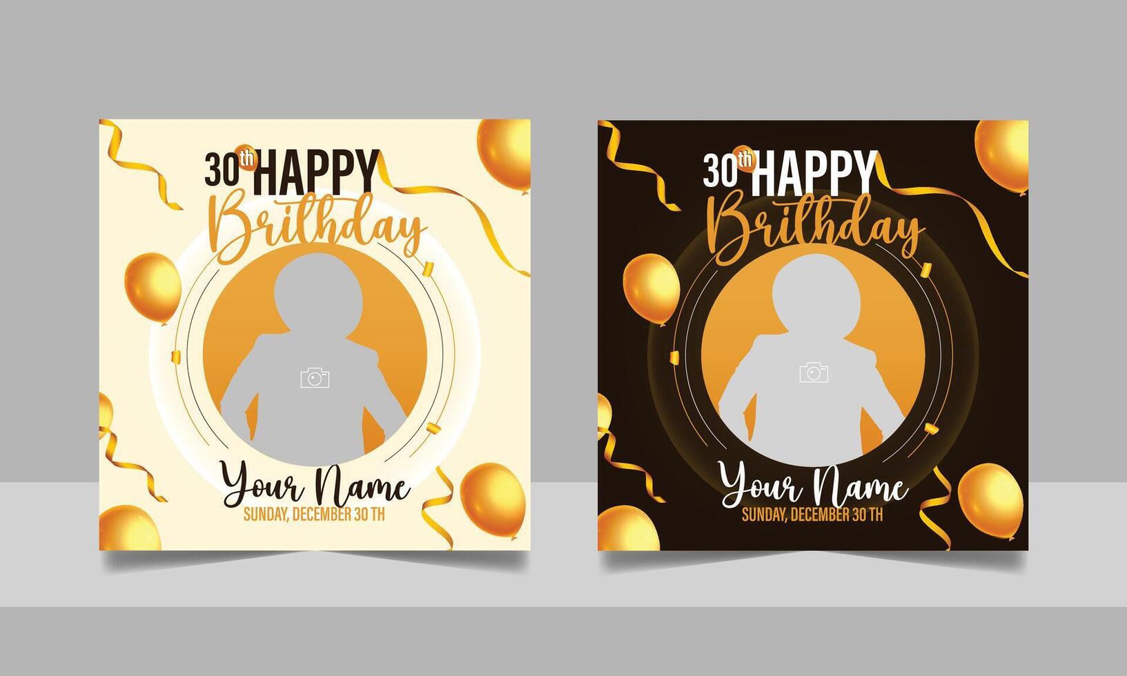 Birthday wishes social media post template, party invitation or greeting card, happy wedding anniversary celebration event square banner poster design set vector