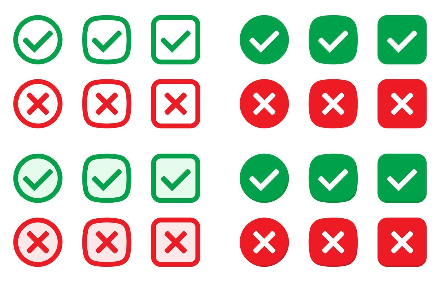 Right or wrong icons. Green tick and red cross checkmarks. Yes or no symbol, approved or rejected icon for user interface. vector