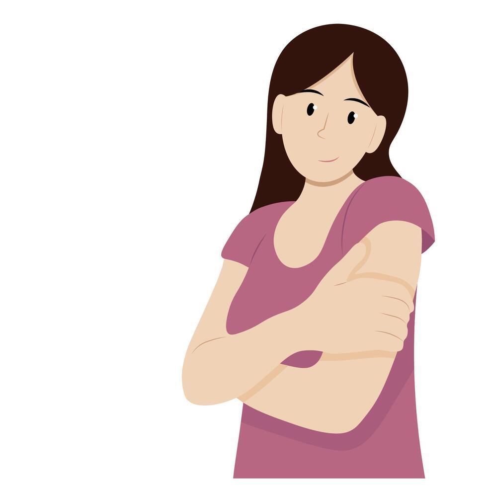 Portrait of a pensive girl with her arms folded on her chest, isolated on white, simple illustration, flat style, minimalism vector