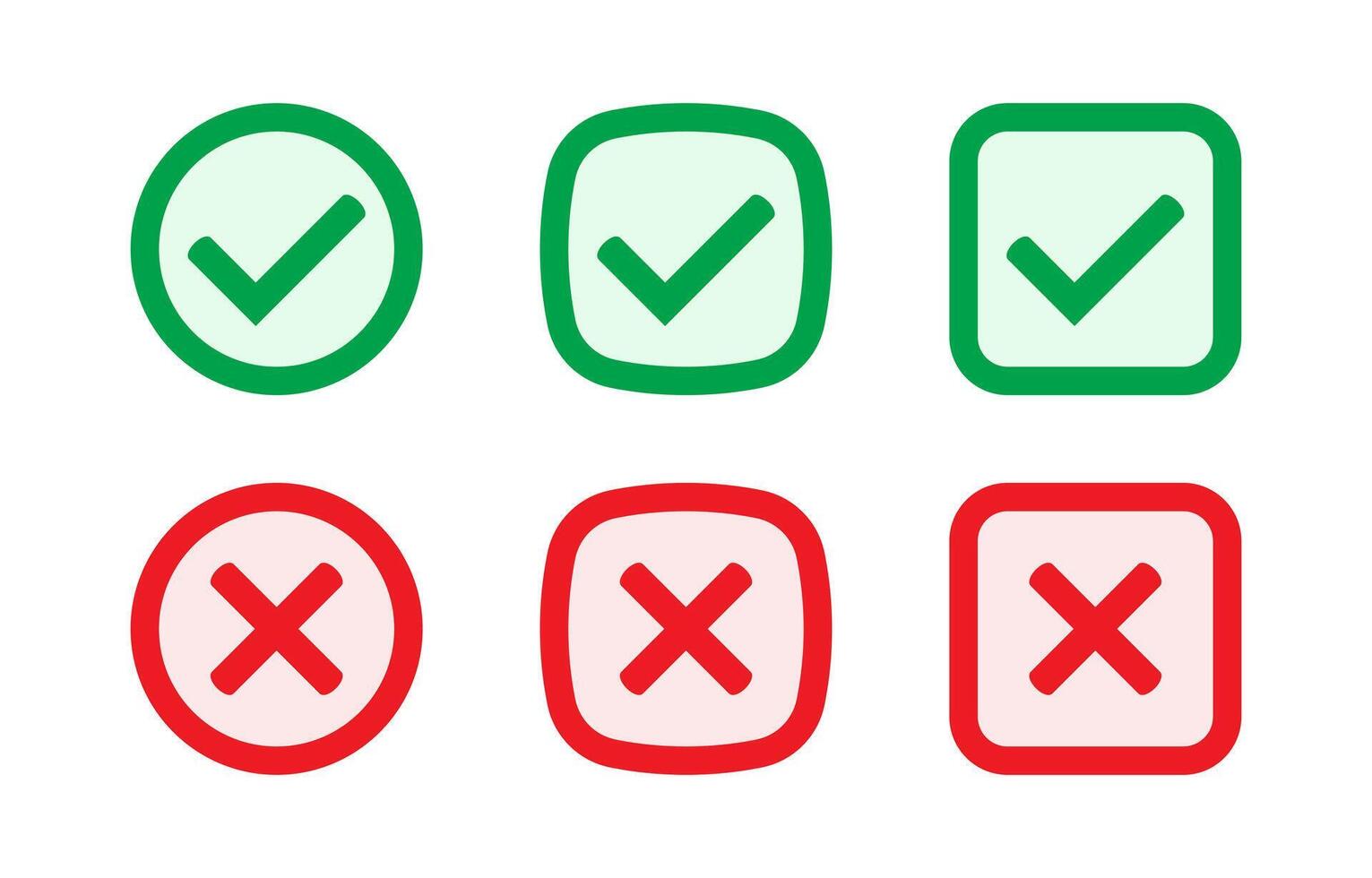 Green tick and red cross checkmarks. Yes or no symbol, approved or rejected icon. Right or wrong icons. vector