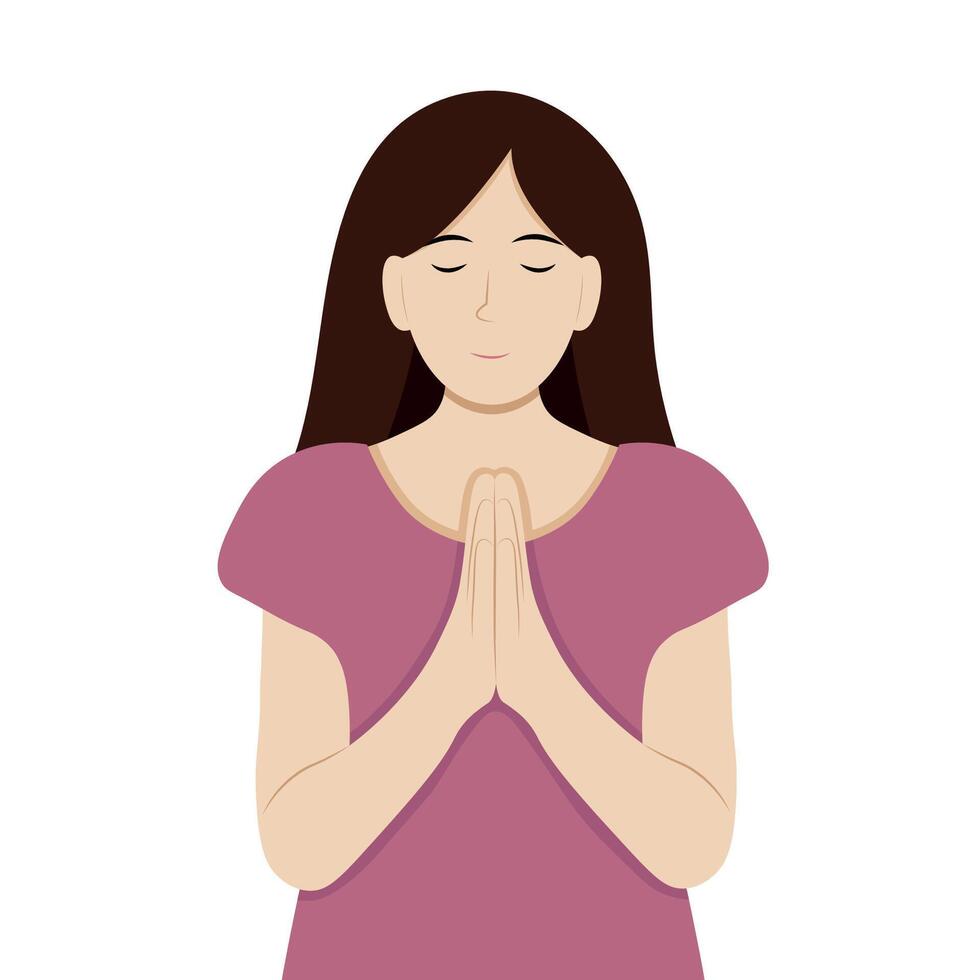 Portrait of a girl with folded hands in prayer, isolate on white, simple illustration, flat style, minimalism vector