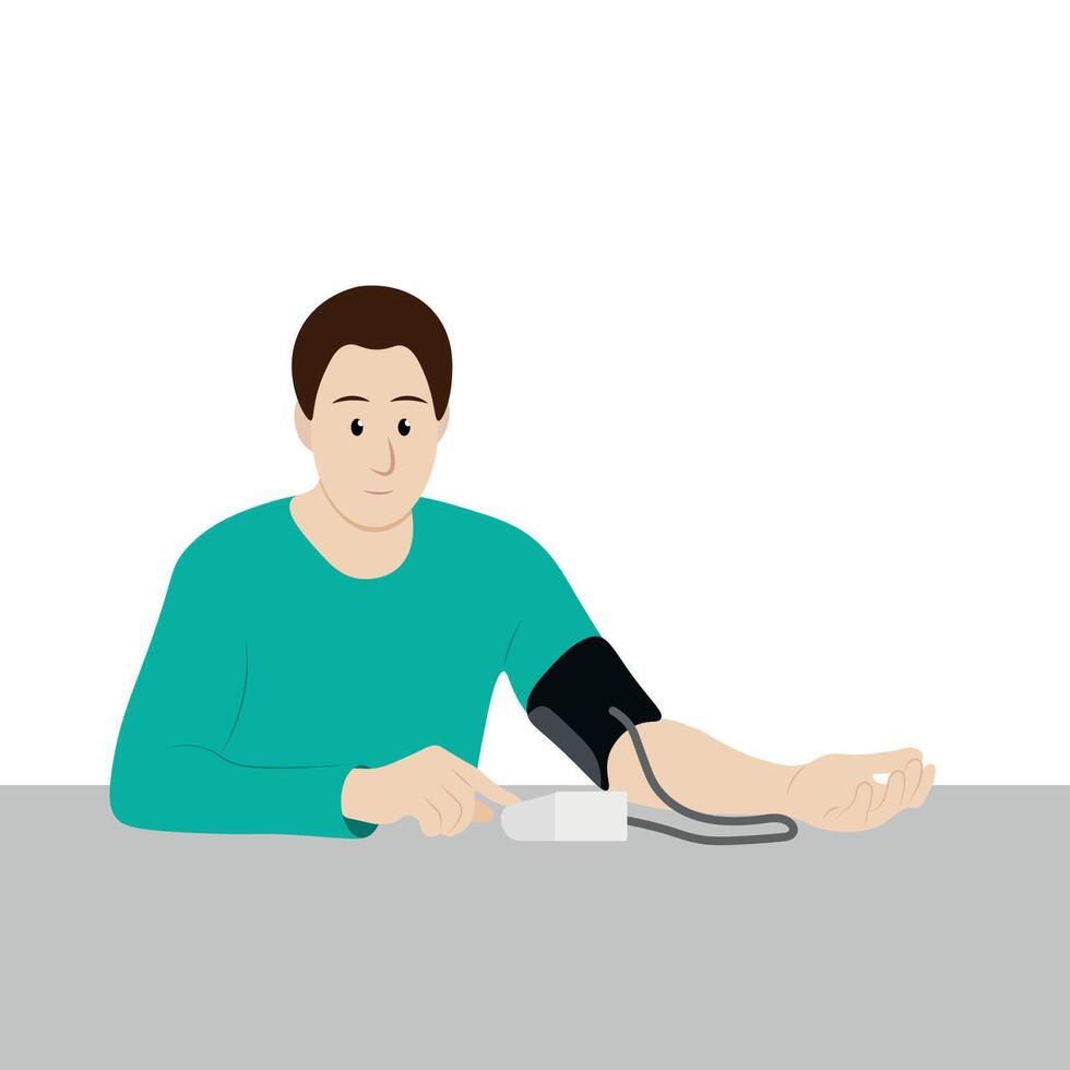 Portrait of a guy who measures blood pressure with a tonometer, isolate on white, simple illustration, flat style, minimalism vector