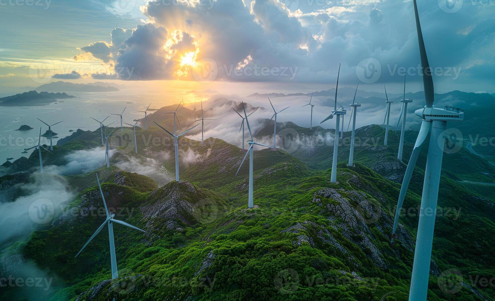 A large number of wind turbines are spread across a mountain range photo