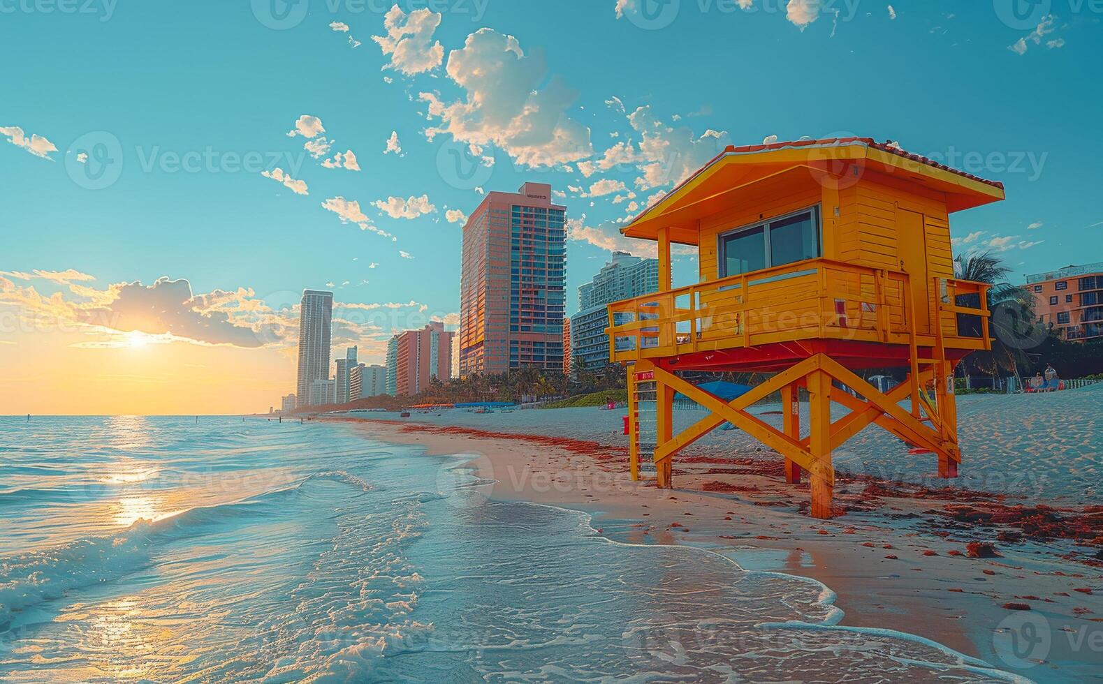 A yellow lifeguard station sits on a beach near a city photo