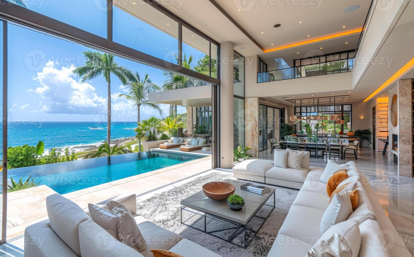 A large, open living room with a pool and ocean view photo