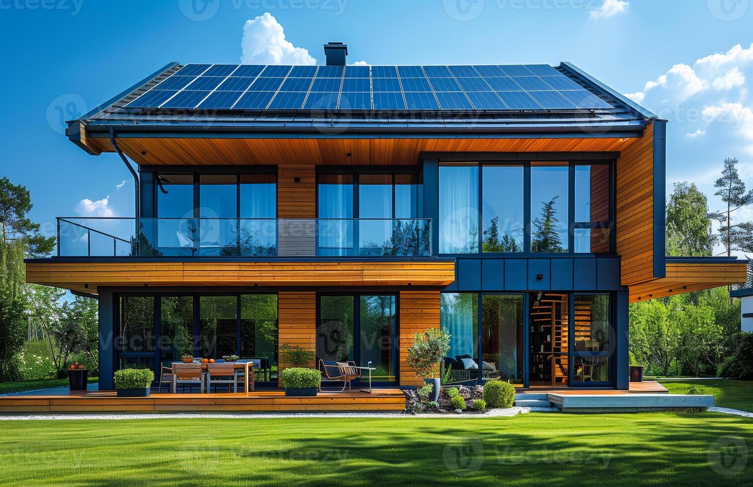 A large house with a lot of windows and a solar panel on the roof photo