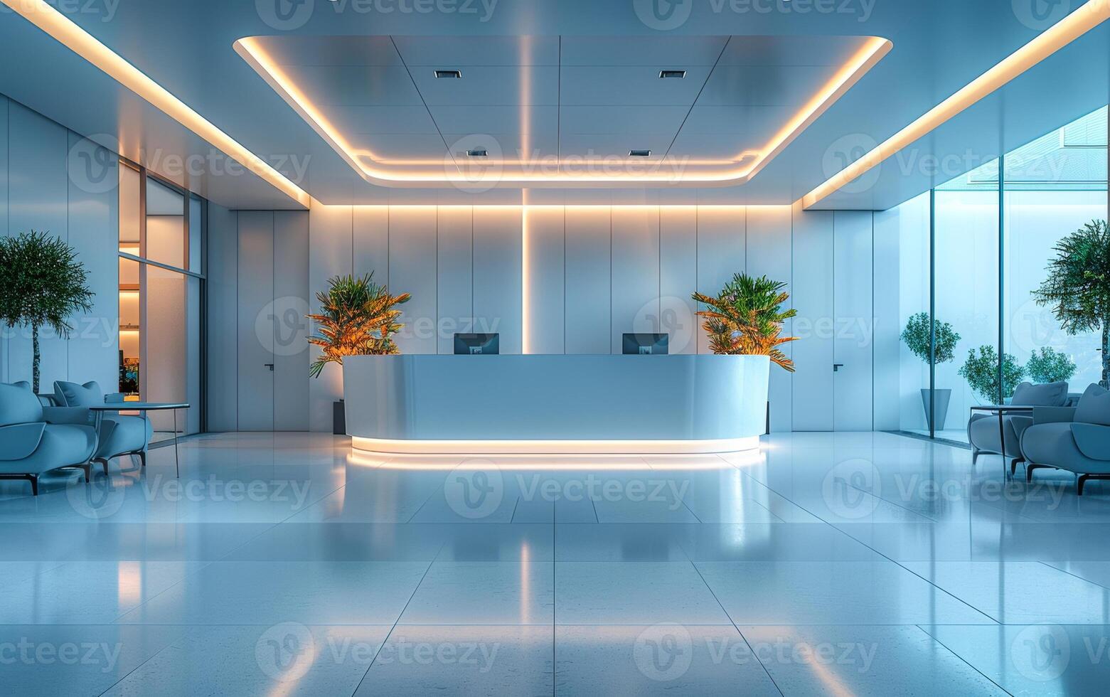 A large, modern office lobby with a white wall and a white floor photo