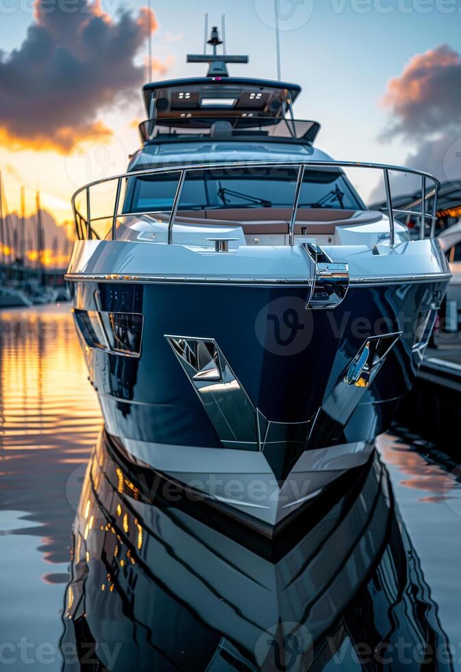 A large blue boat is sitting in the water with the sun setting in the background photo