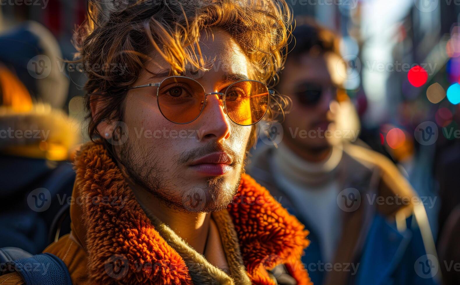 A man with a beard and glasses is wearing an orange jacket and a scarf photo