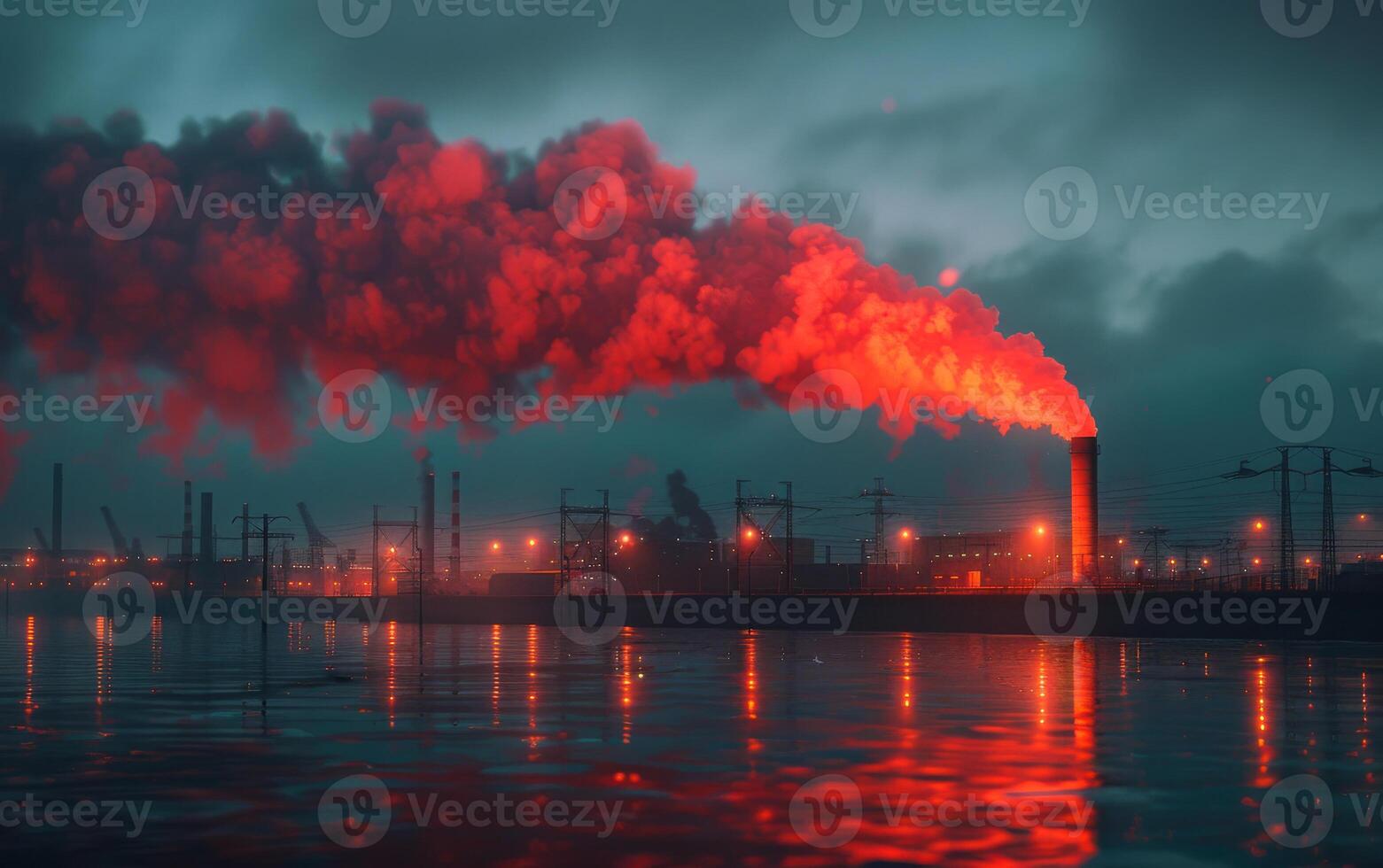 A large red smoke plume is rising from a factory photo