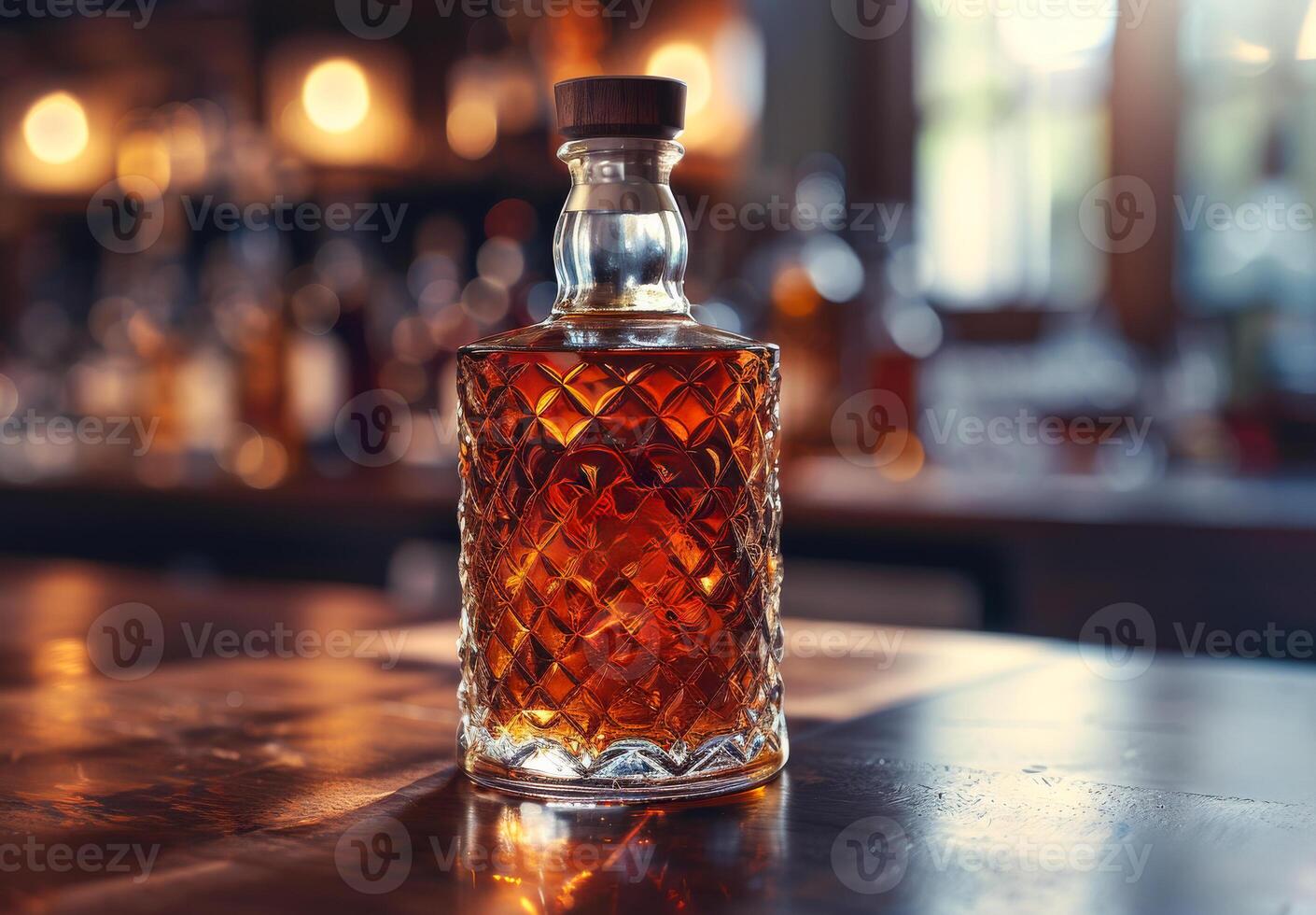 A bottle of liquor sits on a table photo