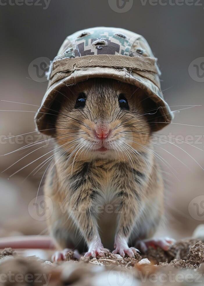 A small brown and white mouse is wearing a camouflage hat photo