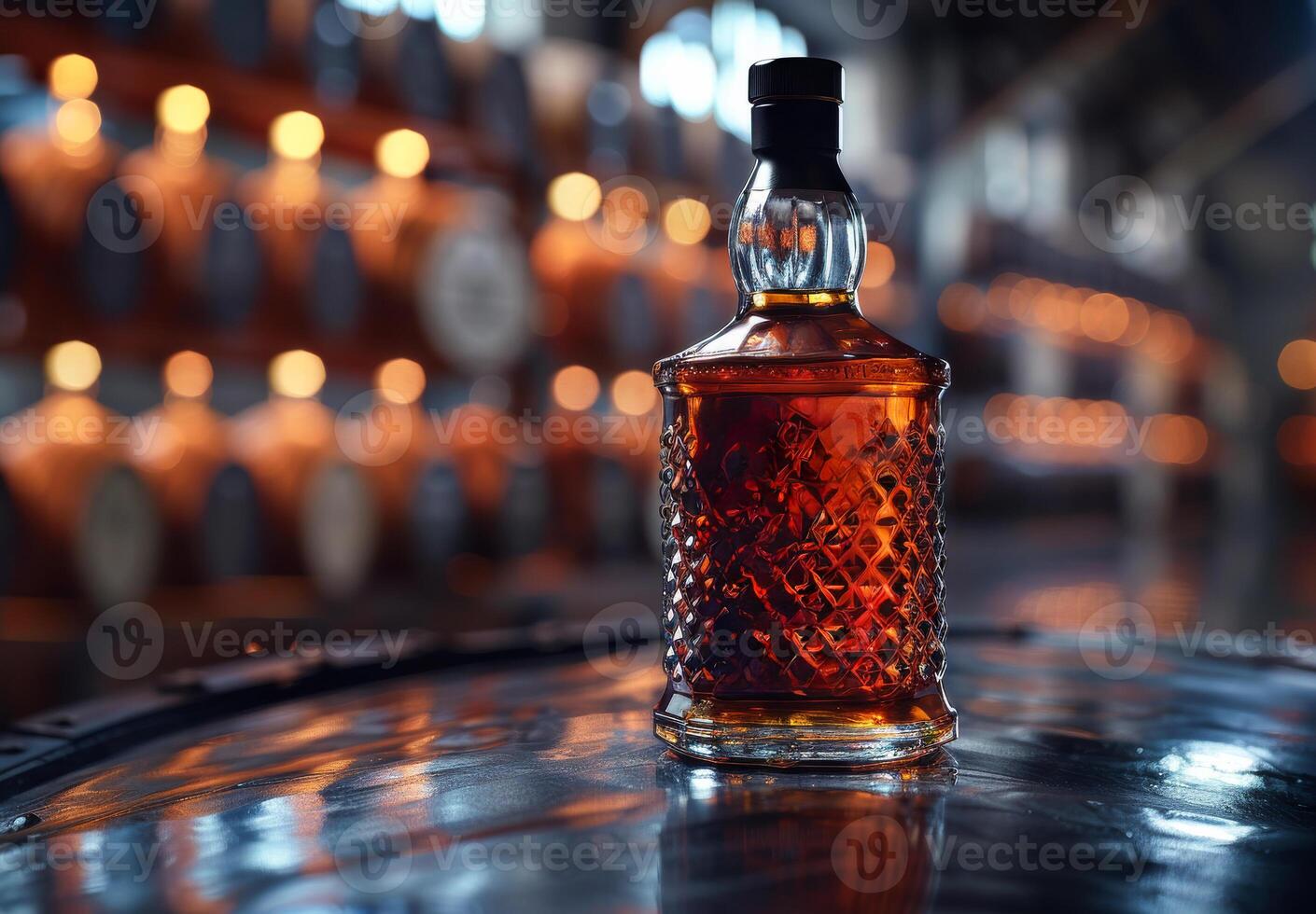 A bottle of liquor sits on a table photo