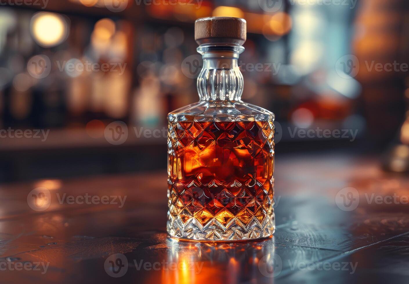 A bottle of liquor sits on a wooden table photo