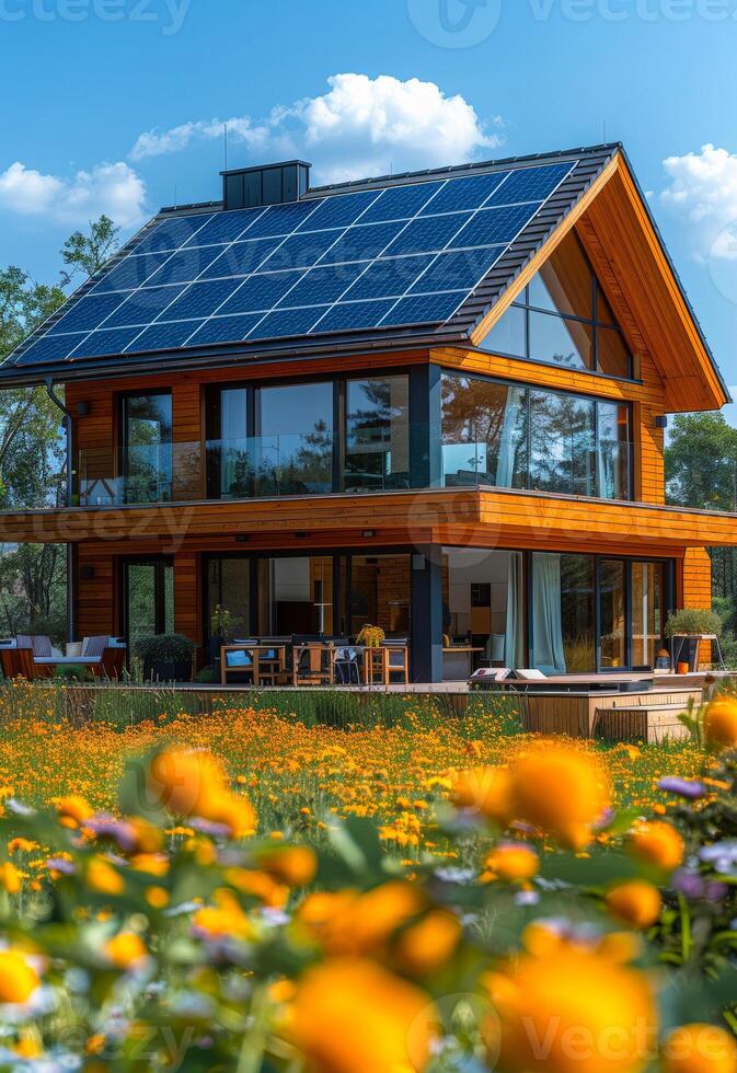 A large house with a lot of windows and a solar panel on the roof photo