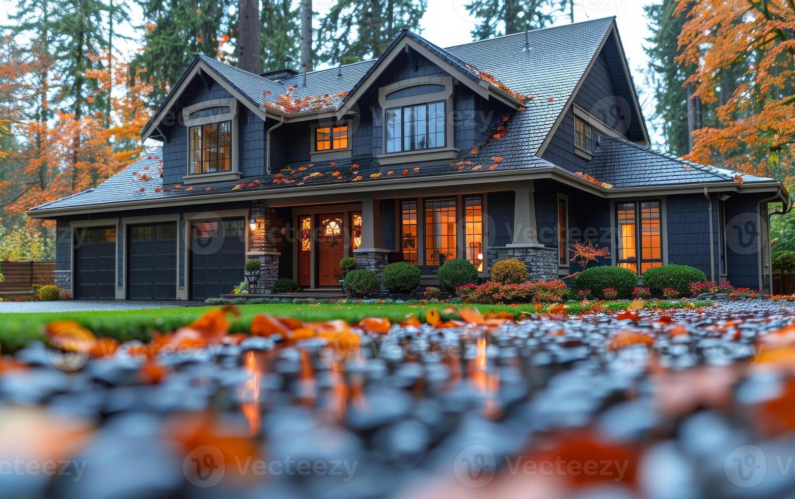 A large house with a black roof and a driveway covered in leaves photo