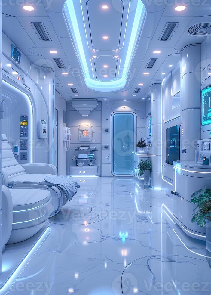 A futuristic white room with blue lights and a white couch photo
