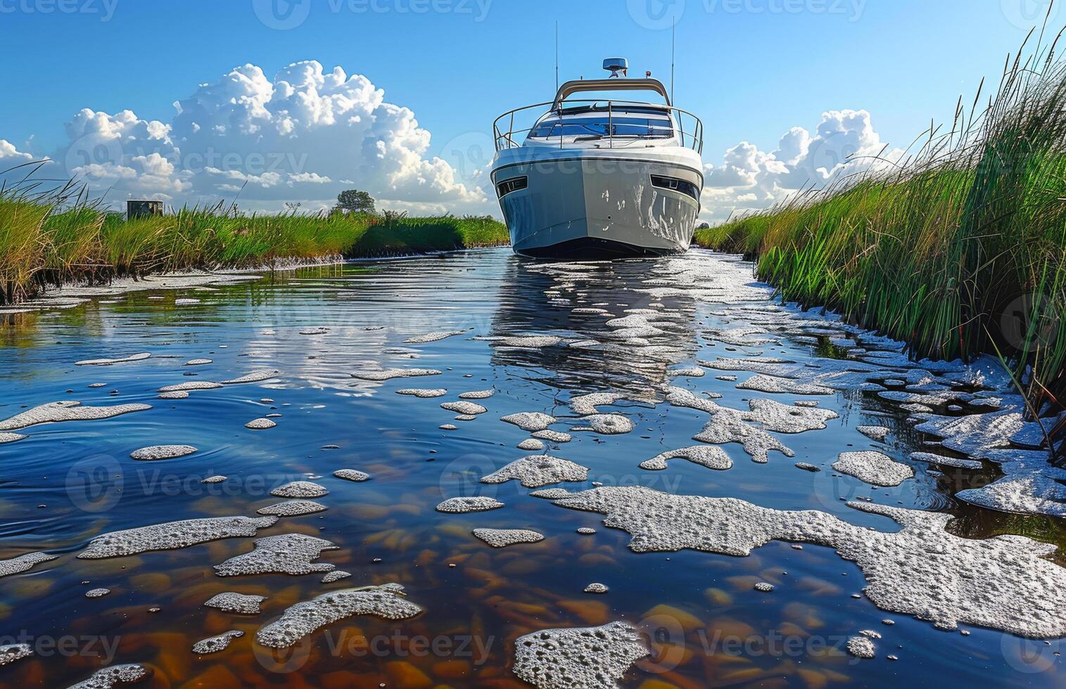 A boat is docked in a river with foam on the water photo