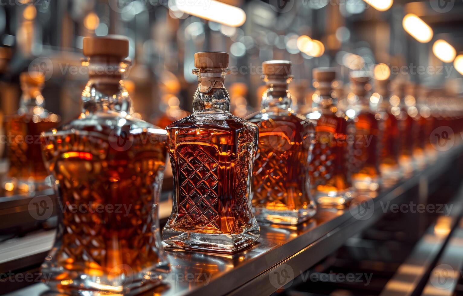 A row of liquor bottles are lined up on a conveyor belt photo