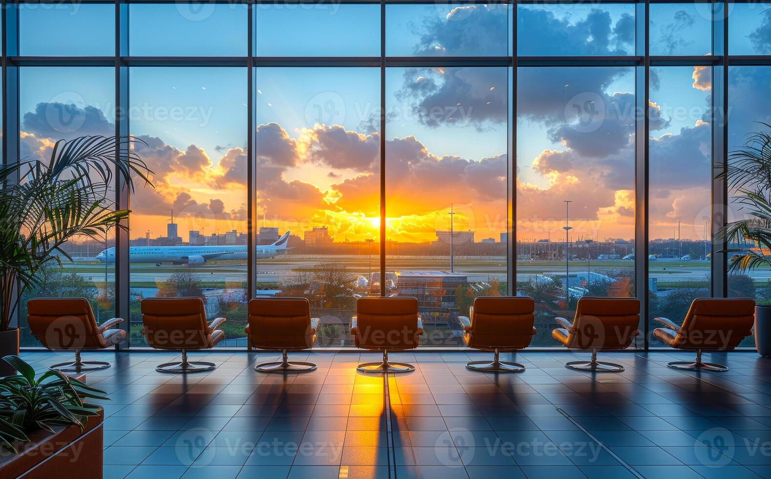 A view of a city from a window with a sunset in the background photo