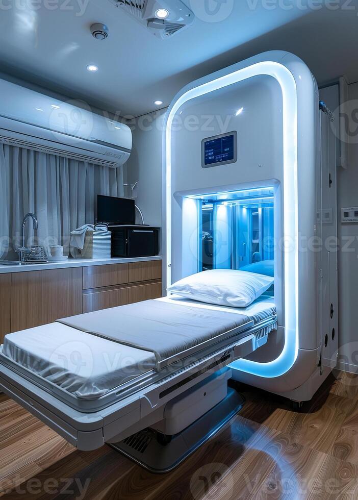 A hospital room with a bed and a computer monitor photo