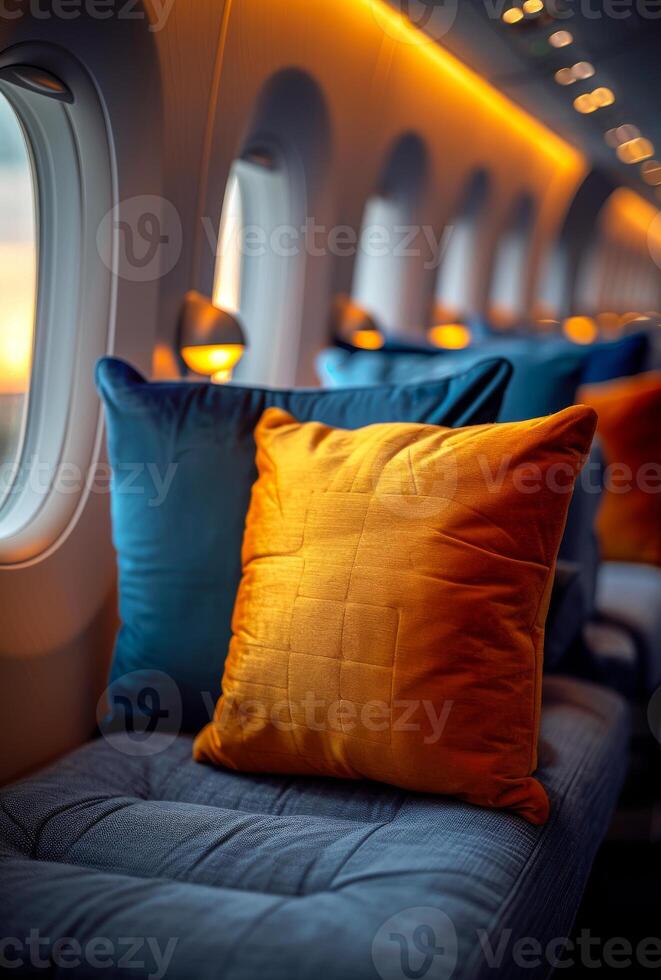 A row of pillows on a plane seat, with one of them being orange photo