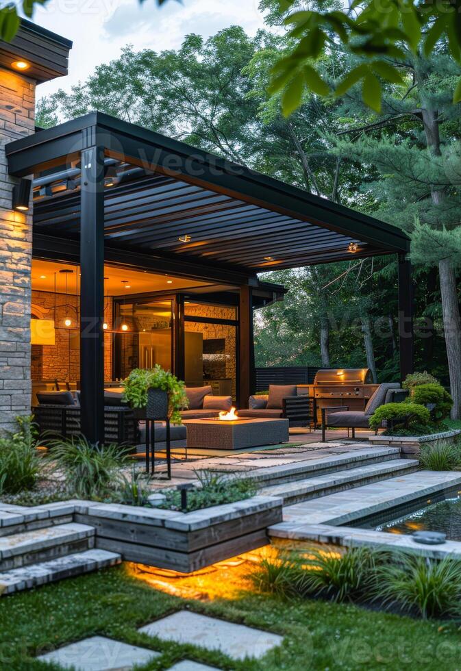 Modern house with patio pool and outdoor living space. photo