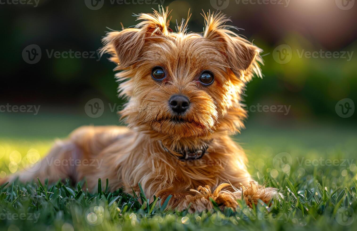 Cute Yorkshire Terrier dog is laying in the grass at sunset photo