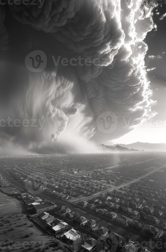 A black and white photo of a city with a large cloud of smoke in the background