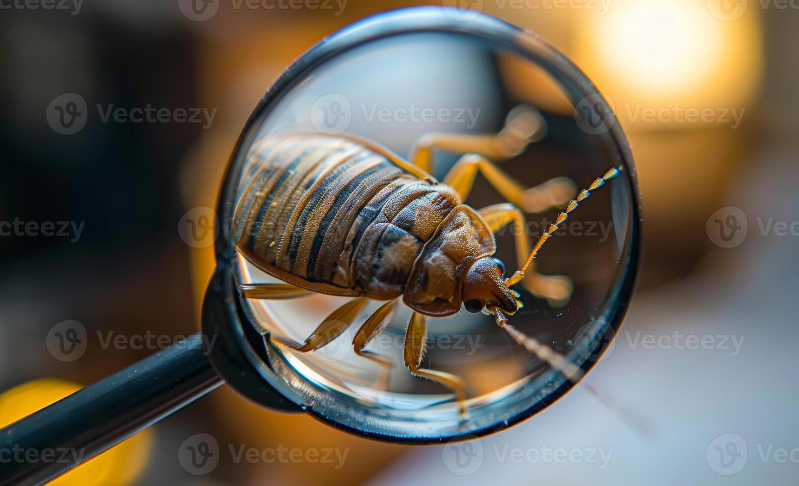 Cockroach is seen through magnifying glass in this stock photo. photo