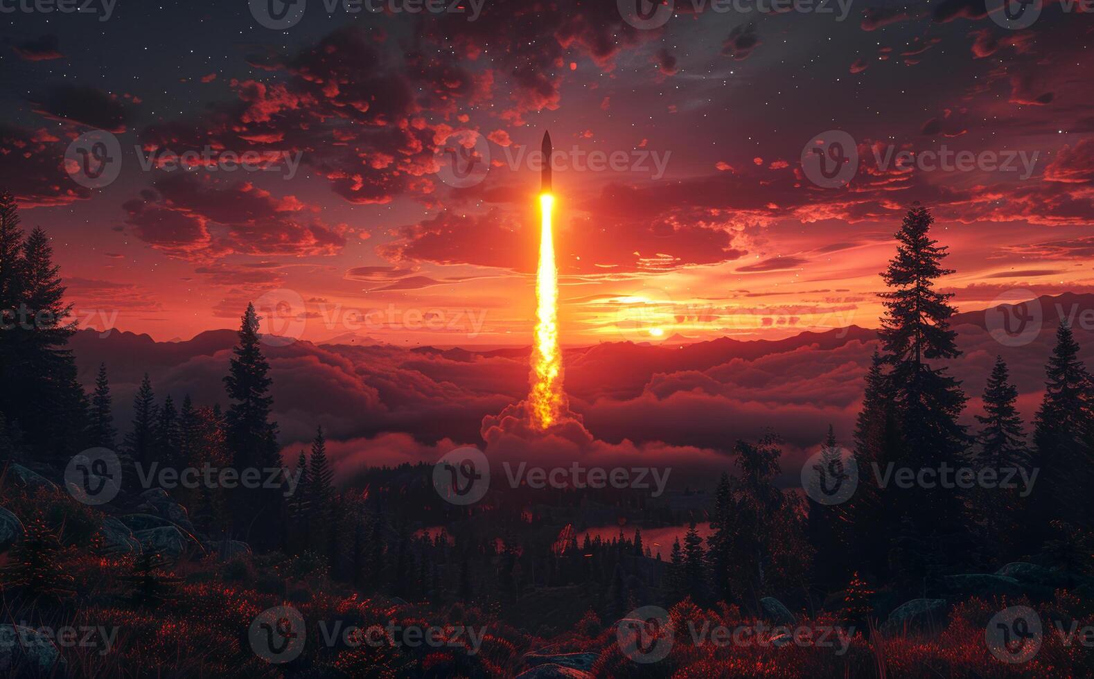 Rocket flies into the sky at sunset over the forest. Nighttime operation of a missile launcher photo