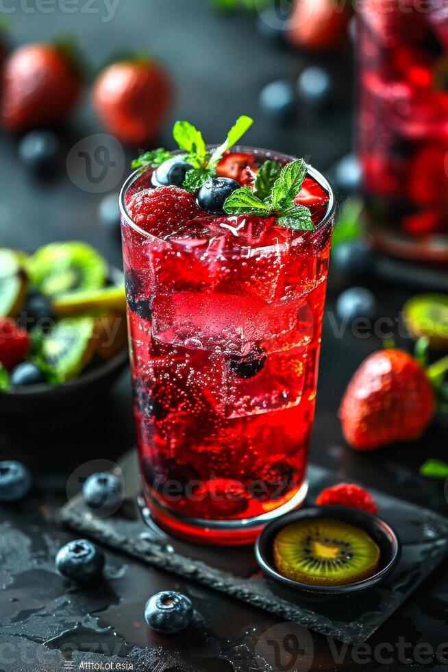Summer refreshing drink with berries and ice cubes on dark background photo