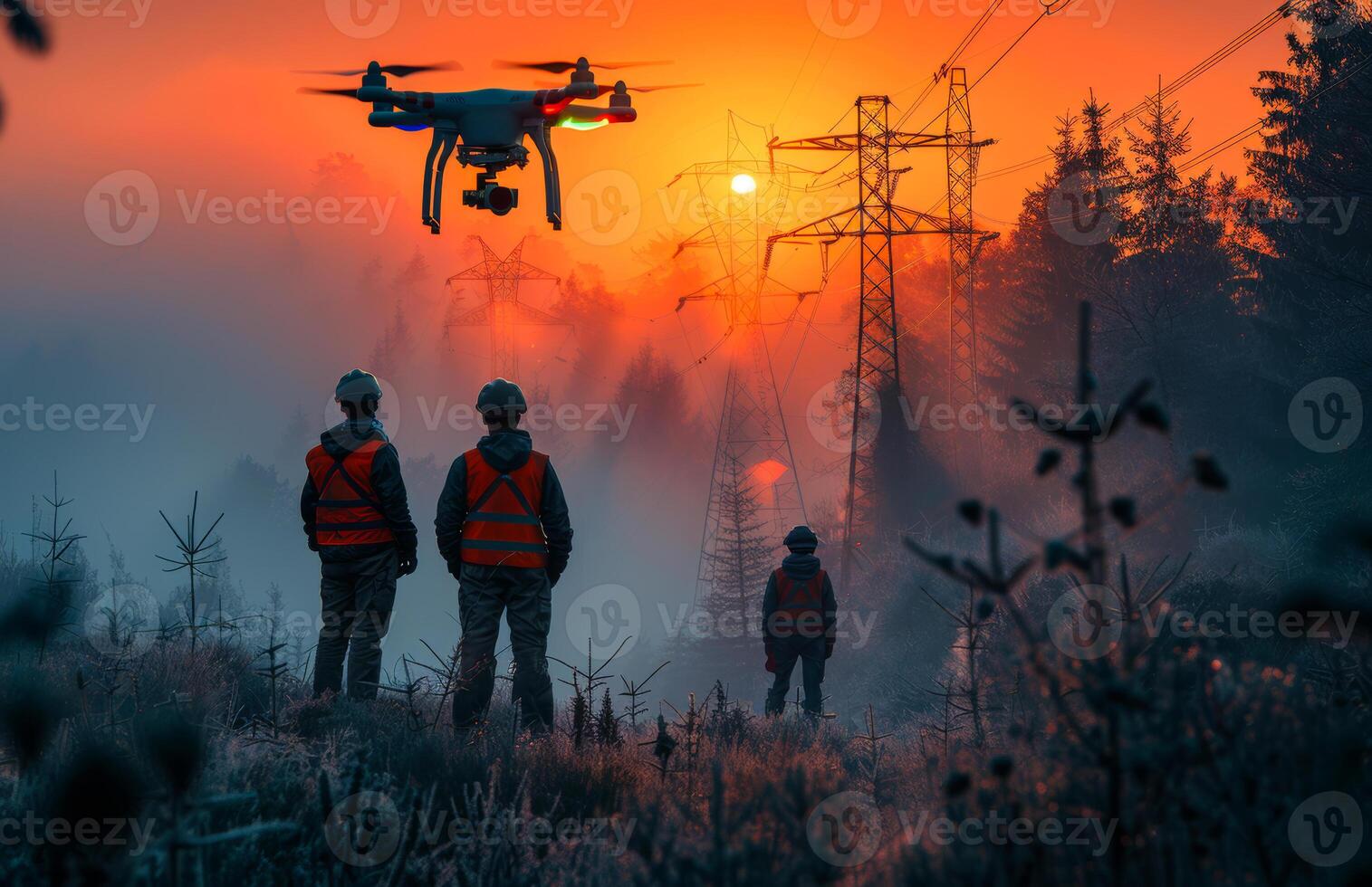 Professional drone pilots are flying the drone in the forest at sunset. photo