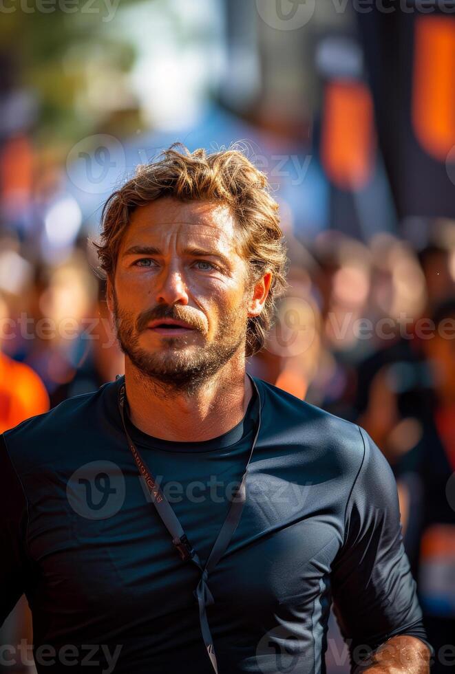 A man with a beard and a black shirt is standing in a crowd photo