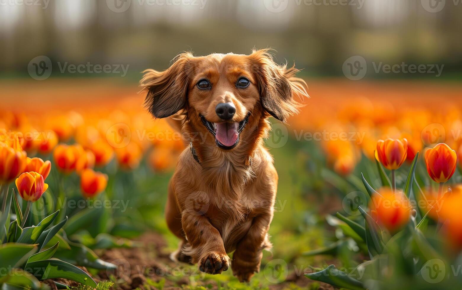 Dachshund running in field of tulips. A cute dachshund puppy running through a tulip field photo