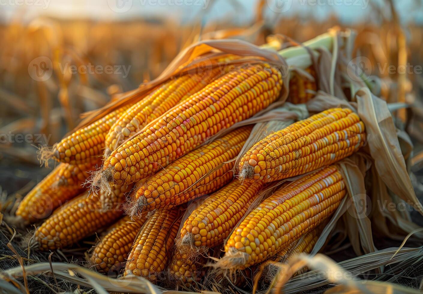 Corn is staple food in many countries. A pile of corn cobs is dried on the field photo
