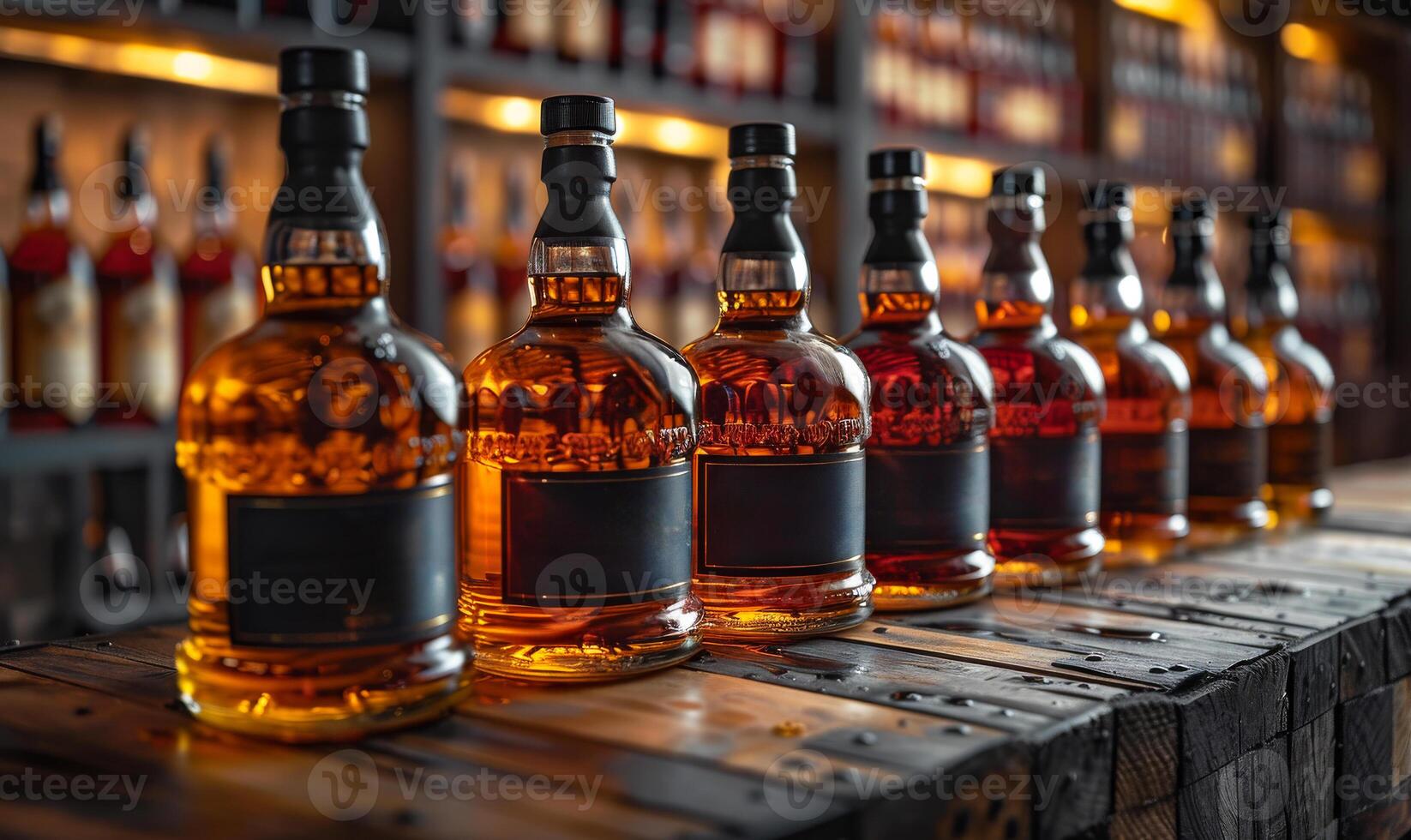 Row of bottles of whiskey on wooden table photo