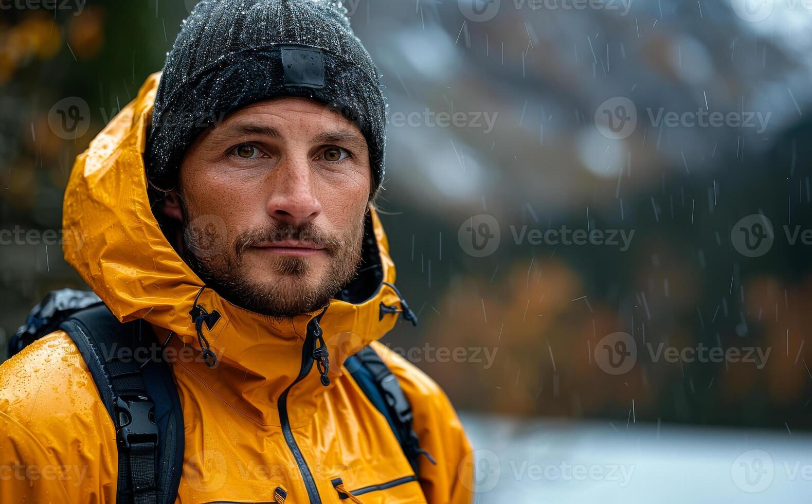 Portrait of man in yellow jacket and cap in the rain photo
