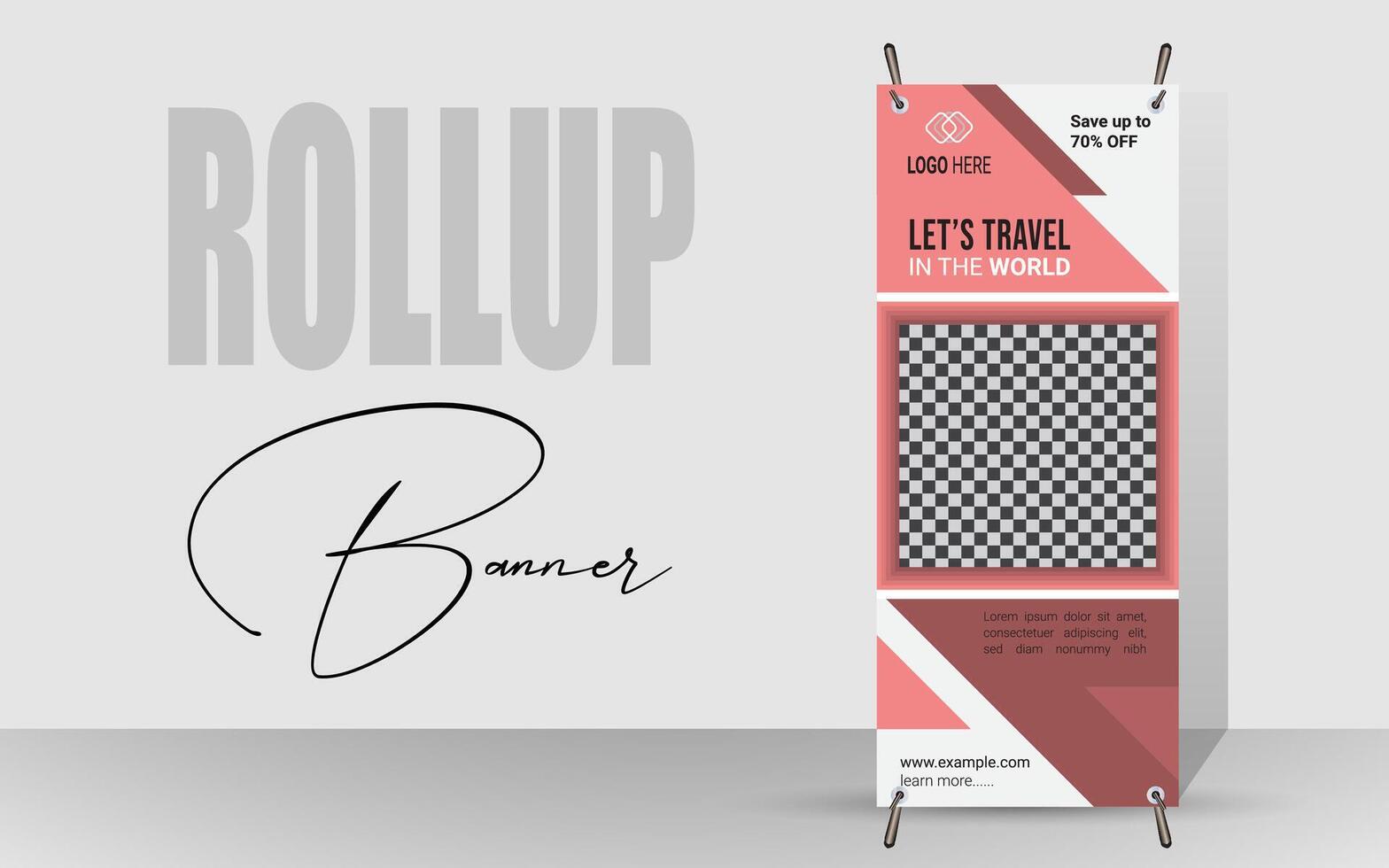 Explore and travel the world with a rollup banner design template. Travel Agency Poll-Up Banner. Roll-Up Banner Stand Template Design. vector