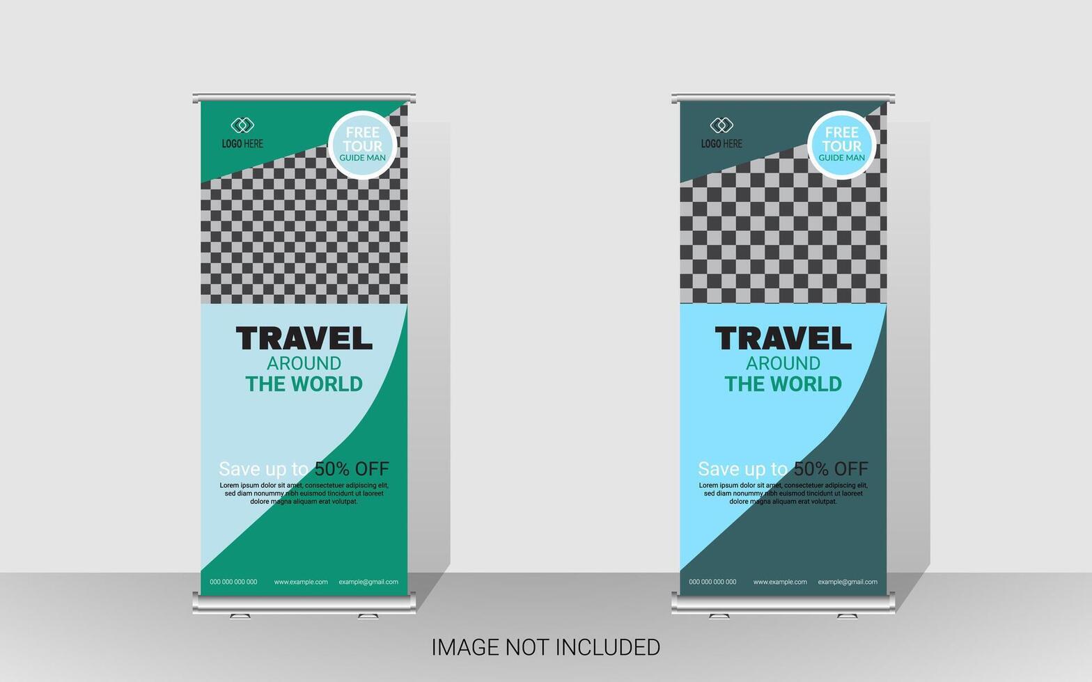 Explore and travel the world with a rollup banner design template. Travel Agency Poll-Up Banner. Roll-Up Banner Stand Template Design. vector