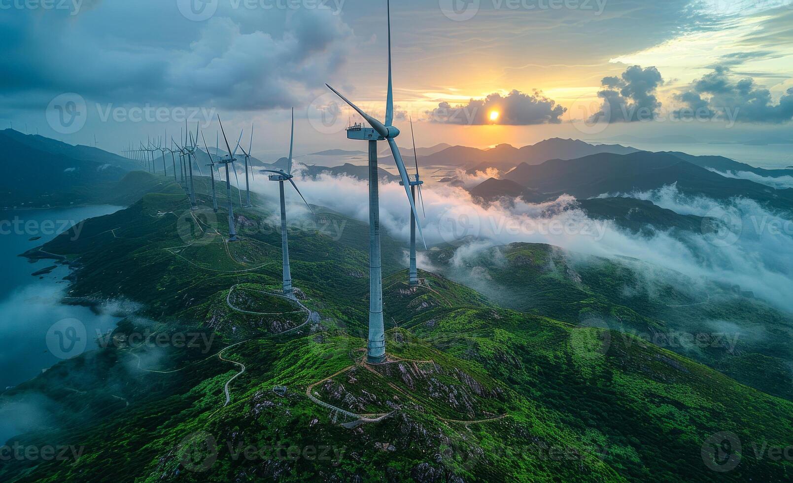 Wind turbines on the mountain. Windmill park with clouds and a blue sky photo