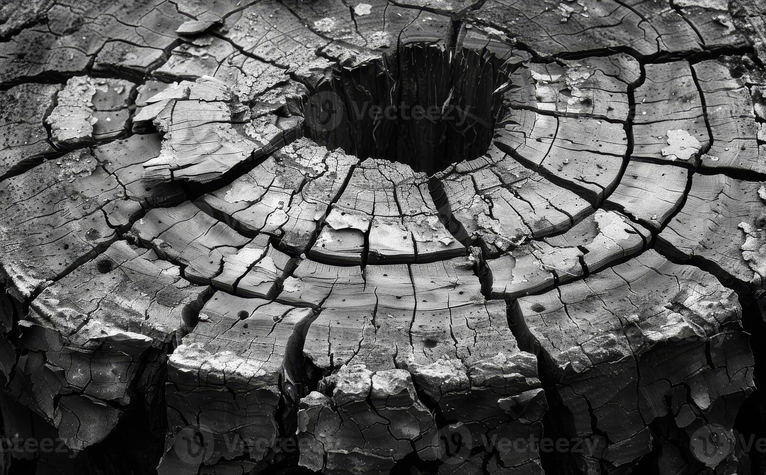 Tree stump is hollowed out tree trunk. Black and white photography of wood texture photo