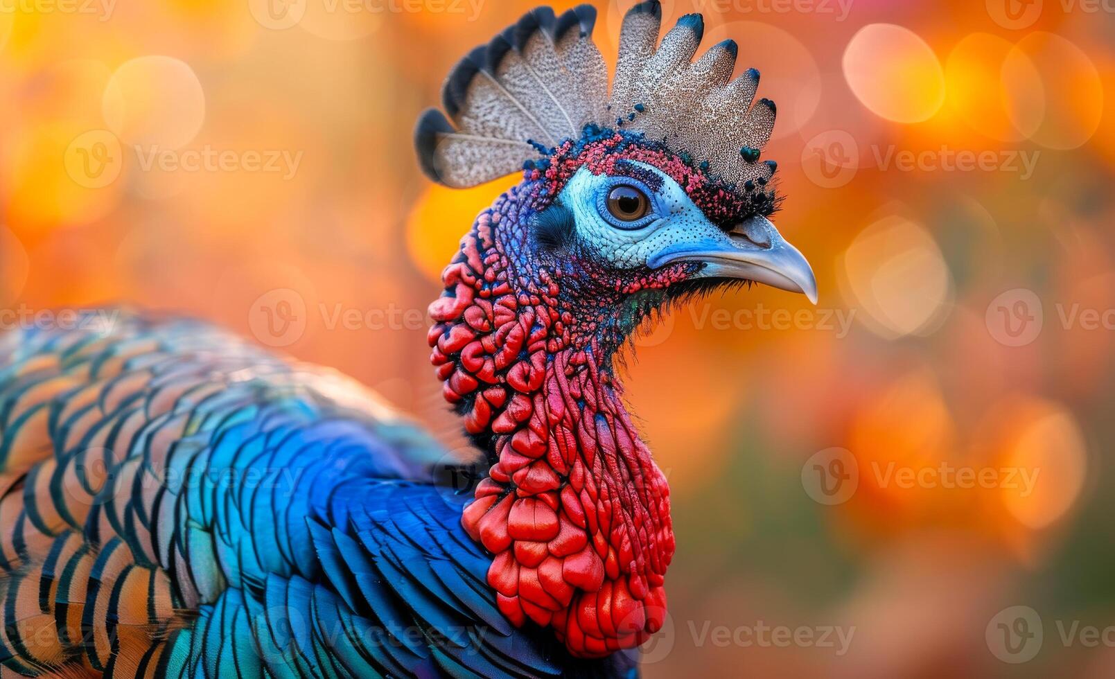 A colorful bird with a red head and blue feathers photo
